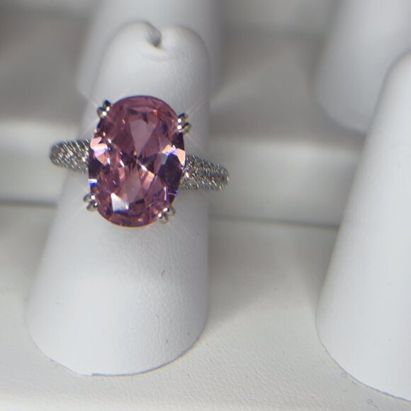 Pink Solitaire Gemstone Ring w/ Clear Accents Silver Plated Engagement size 7 - Picture 6 of 11